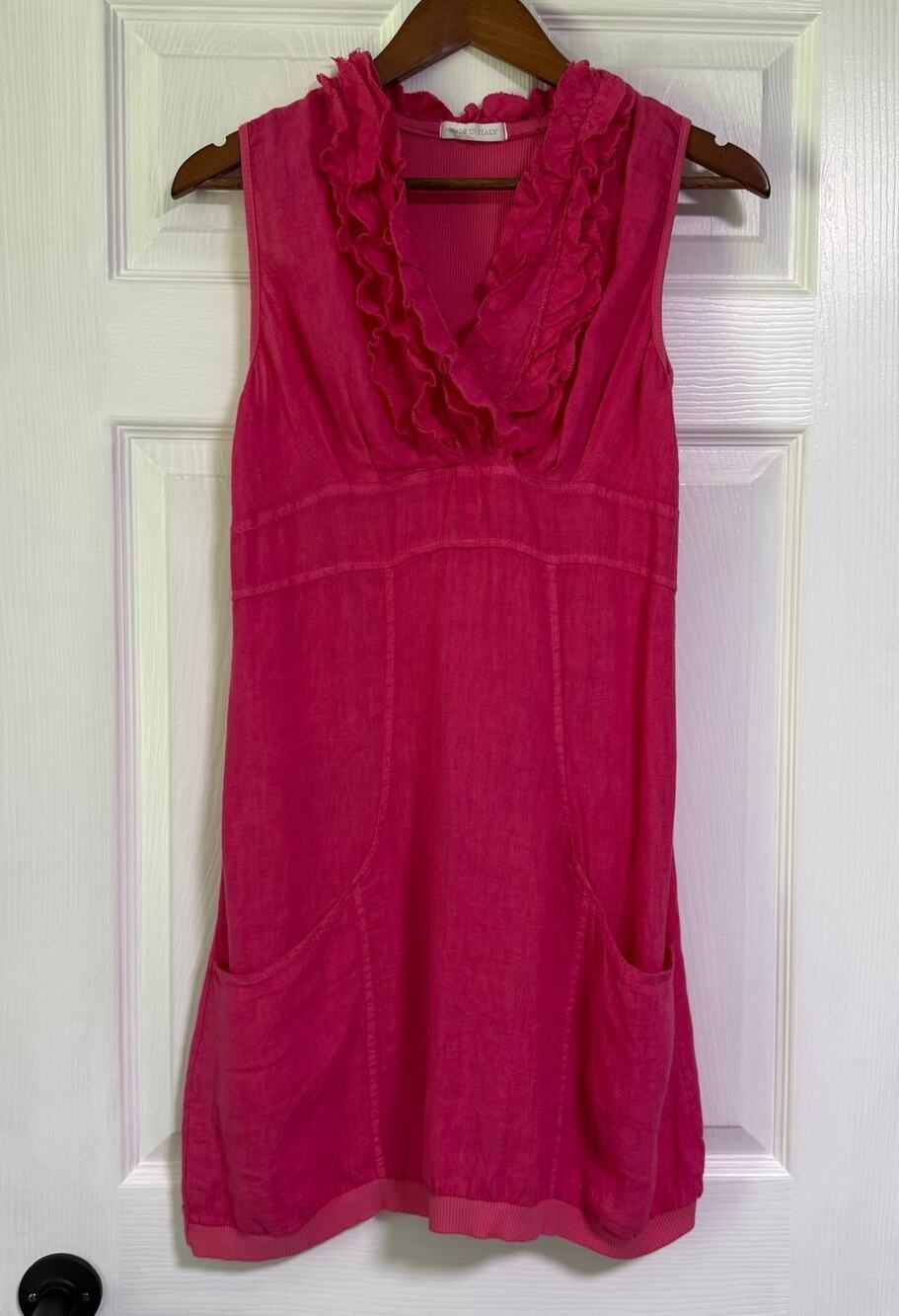 Made In Italy Women's Pink Ruffle 100%Linen Lagenlook Dress Size L/XL Run Small